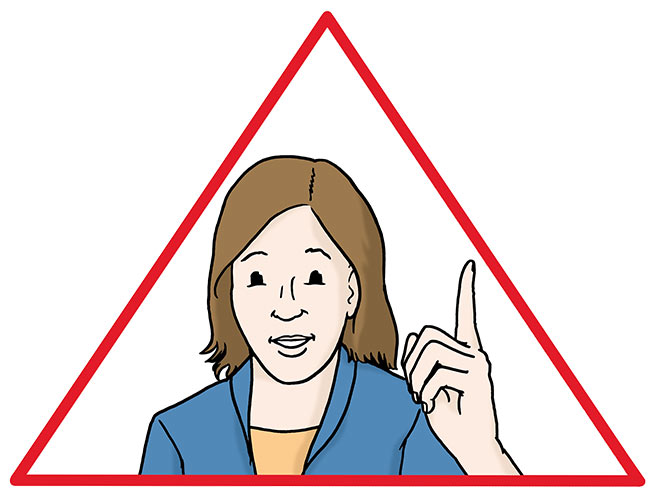 Eine Frau mit erhobenen Zeigefinger in einem roten Warnsymbol. 