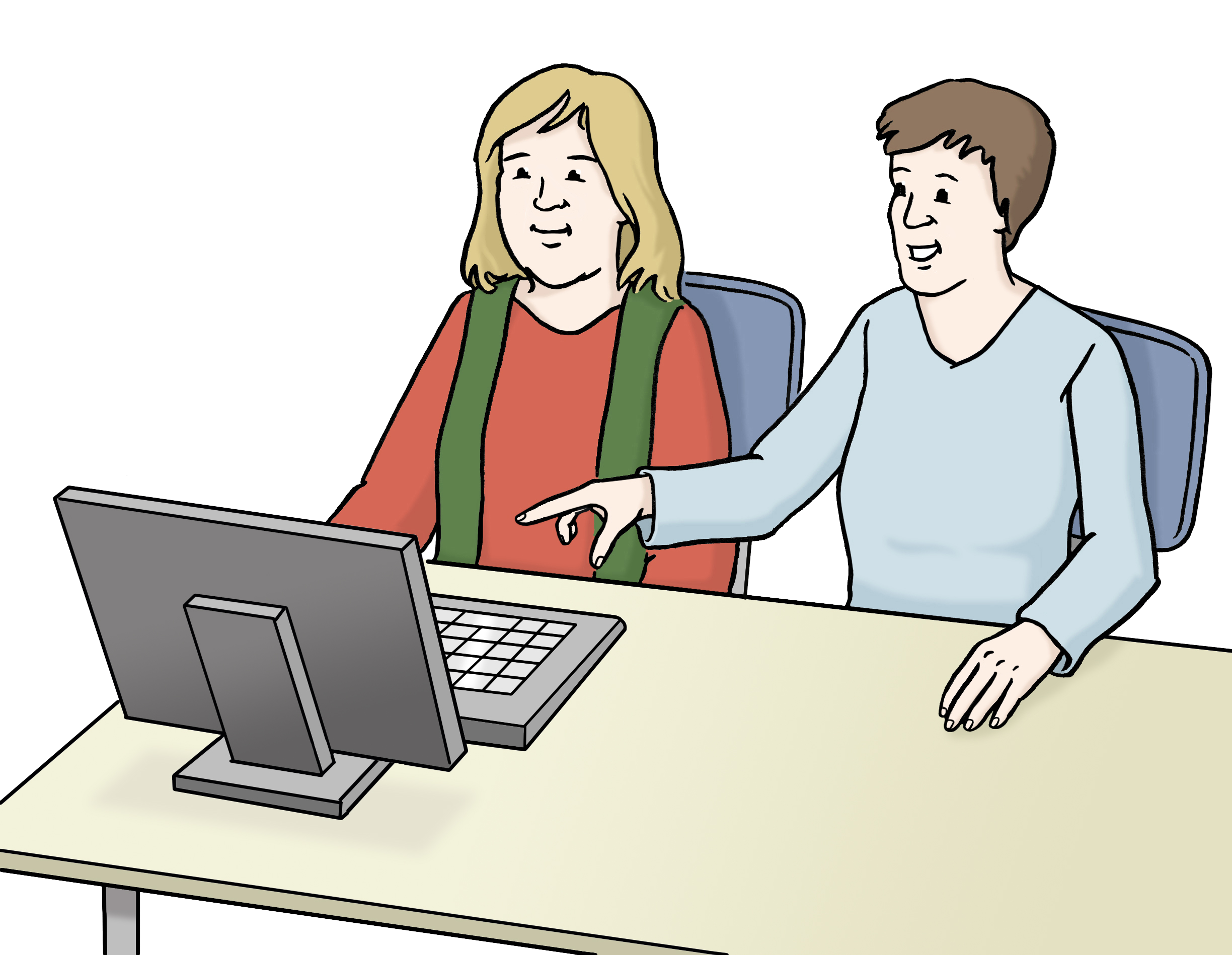 Zwei Frauen sitzen nebeneinander vor einem Bildschirm, während die rechte Person auf den Bildschirm zeigt.
