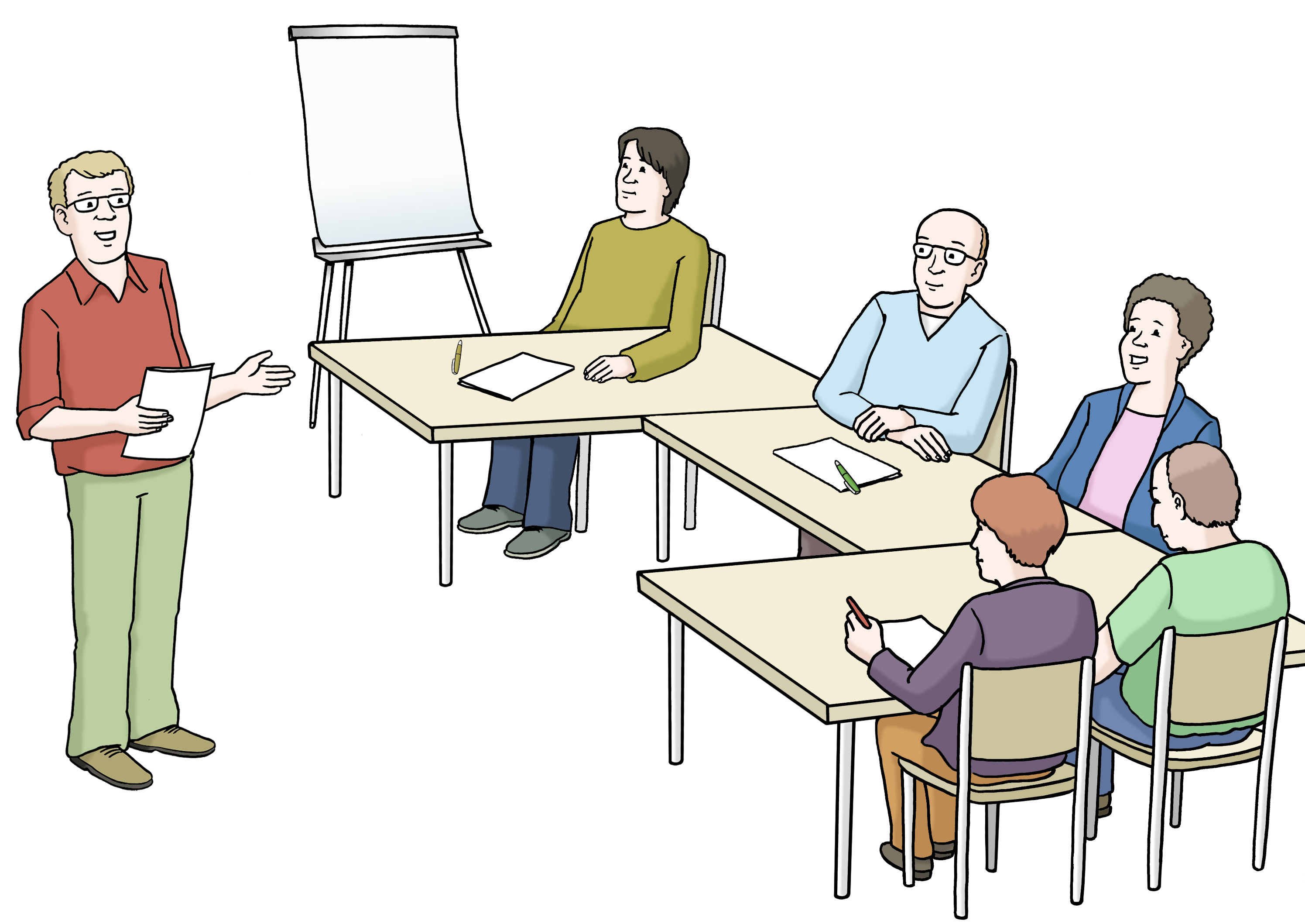 Illustration: Mehrer Personen sitzen an Tischen bei einem Kurz zusammen. Der Kursleiter steht vor ihnen und spricht.