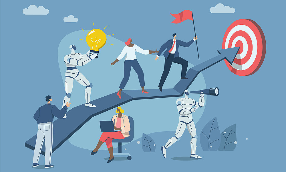  Eine Illustration zeigt Menschen und Roboter, die auf einem Pfeil in Richtung einer Zielscheibe gehen. Einer der Roboter hält eine Glühbirne, während ein Mensch mit einem Laptop sitzt. Ein Mann hält eine rote Fahne, und ein Roboter schaut durch ein Fernrohr. Der Hintergrund ist blau mit Wolken und Pflanzen.