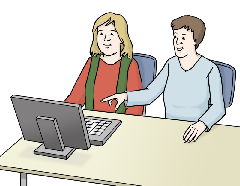 Illustration von zwei Frauen am Schreibtisch vor dem Computer