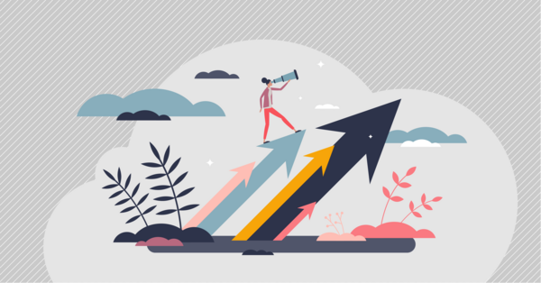 Eine Illustration zeigt eine Person, die mit einem Fernglas auf einer großen, nach oben gerichteten Pfeilspitze steht. Umgeben von Pflanzen und Wolken, symbolisieren mehrere bunte Pfeile Wachstum und Fortschritt.