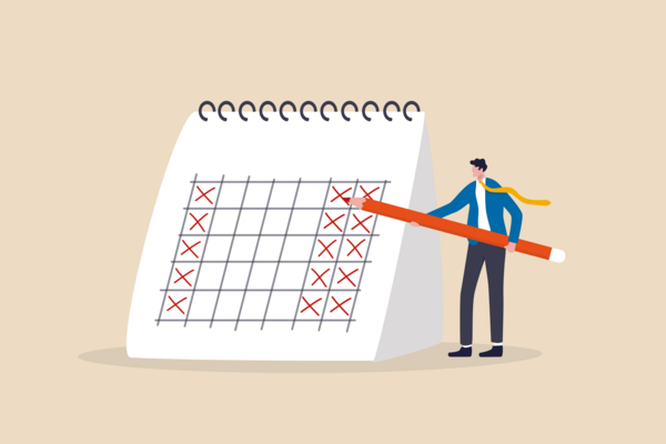 Eine Illustration, die einen Mann zeigt, der Termine oder Tage in einem Kalender streicht, um das Einhalten von Fristen oder das Zeitmanagement darzustellen. Ein stilisierter Geschäftsmann in einem blauen Sakko und einer gelben Krawatte steht vor einem großen, weißen Tischkalender. Er hält einen überdimensional großen, orangefarbenen Stift und markiert einen Tag im Raster des Kalenders mit einem roten "X". Viele Tage im Kalender si