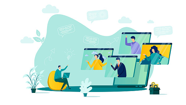 Eine Illustration, die eine Online-Videokonferenz oder ein Webinar darstellt. Ein Mann sitzt links auf einem gelben Sitzsack, hält einen Laptop und winkt in Richtung des Bildschirms. Vor ihm steht ein großer Laptop, dessen Display in mehrere Fenster unterteilt ist, die Gesichter von vier weiteren Teilnehmern in einer Videokonferenz zeigen. Die gesamte Szene ist in hellen Grün- und Blautönen gehalten, mit einigen Wolken, Sprechblasen und Pflanzen im Hintergrund und Vordergrund.