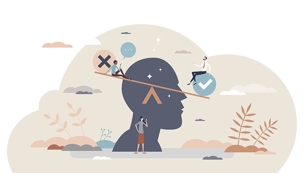 Eine Illustration zum Thema Entscheidungsfindung. Auf der Silhouette eines menschlichen Kopfes balanciert eine Wippe. Auf der einen Seite sitzt eine Person bei einem Kreuz-Symbol, auf der anderen Seite eine Person bei einem Häkchen-Symbol.