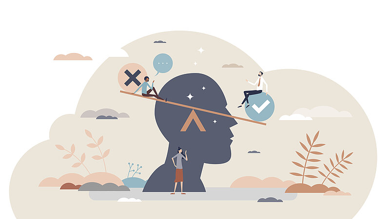 Eine Illustration zum Thema Entscheidungsfindung. Auf der Silhouette eines menschlichen Kopfes balanciert eine Wippe. Auf der einen Seite sitzt eine Person bei einem Kreuz-Symbol, auf der anderen Seite eine Person bei einem Häkchen-Symbol.