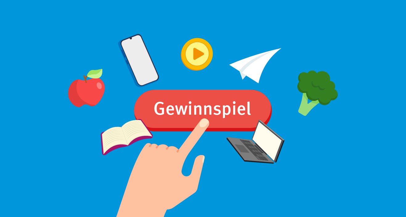 Illustration: Eine Hand mit ausgestrecktem Zeigefinger drück auf einen Knopf, auf dem "Gewinnspiel" geschrieben steht.