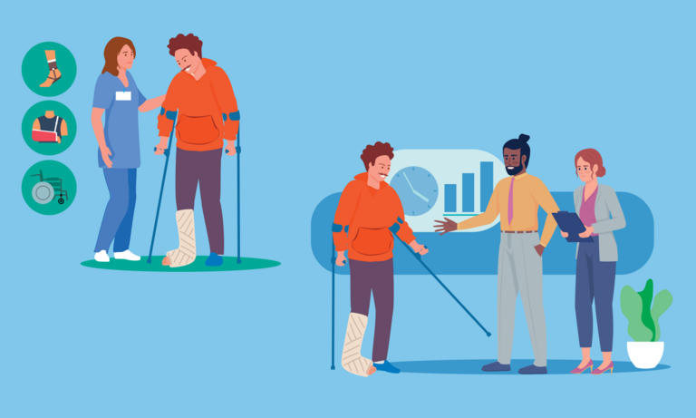 Illustration: Zwei Szenen sind zu sehen. 1) Heilbehandlung und Hilfsmittel: Ein Mann bekommt Gehhilfen von einer Fachangestellten. 2) Wiedereingliederung: Ein Mann mit Gips und Gehhilfen wird in seiner Firma von Kolleg:innen in Emfang genommen.