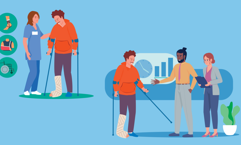 Illustration: Zwei Szenen sind zu sehen. 1) Heilbehandlung und Hilfsmittel: Ein Mann bekommt Gehhilfen von einer Fachangestellten. 2) Wiedereingliederung: Ein Mann mit Gips und Gehhilfen wird in seiner Firma von Kolleg:innen in Emfang genommen.