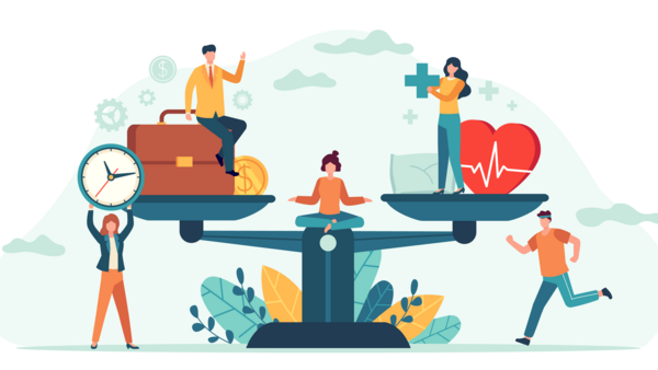 Eine Illustration, die die Balance zwischen Arbeit und Gesundheit (Work-Life-Balance) darstellt, indem sie eine große, schwarze Waage zeigt. Auf der linken Waagschale, die tiefer hängt, stehen Symbole für die Arbeit: Ein Geschäftsmann sitzt auf einer großen, braunen Aktentasche mit Münzen davor, und eine Frau steht unten und hält eine große Uhr hoch. Auf der rechten Waagschale, die höher hängt, stehen Symbole für die Gesundheit: Eine Frau hält ein Kreuzsymbol (Erste Hilfe), und darunter liegt ein großes rotes Herz mit einem EKG-Signal. In der Mitte der Waage sitzt eine Person im Lotussitz (Yoga-Pose). Rechts unten läuft ein Mann. Die gesamte Szene ist von Pflanzen und floralen Elementen in Blau-, Gelb- und Grüntönen umgeben.