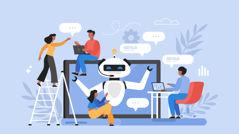 Illustration einer Gruppe von vier Personen, die um einen übergroßen Laptop-Monitor herum platziert sind. Auf dem Bildschirm ist ein weißer Roboter mit Headset und einer Glühbirne über dem Kopf abgebildet. Eine Person steht auf einer Leiter, eine sitzt vor einem Laptop an einem Tisch, eine weitere sitzt auf dem Gehäuse des großen Monitors und eine vierte Person sitzt davor auf dem Boden. Sprechblasen und grafische Symbole wie Zahnräder und Diagramme umgeben die Szene.