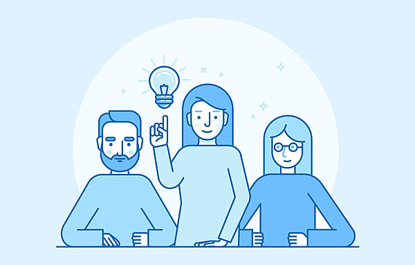 Illustration dreier Menschen, die mittlere Frau hat eine Idee