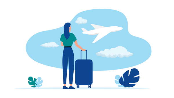 Eine Illustration, die eine Person zeigt, die auf dem Rücken zum Betrachter steht und einen blauen Rollkoffer hält. Die Person trägt ein türkisfarbenes Oberteil und blaue Hosen. Sie schaut in einen hellblauen Himmel mit einigen weißen Wolken, in dem ein weißes Flugzeug aufsteigt. Die gesamte Szene ist von einer großen hellblauen Form umrahmt, und im Vordergrund sind stilisierte grüne und dunkelblaue Pflanzenblätter zu sehen.