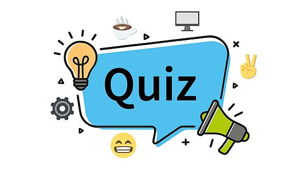 Grafische Illustration eines Quiz-Covers auf weißem Hintergrund. Zentral steht das Wort „Quiz“ in einer großen, hellblauen Sprechblase. Um die Sprechblase herum sind verschiedene Symbole angeordnet: eine leuchtende Glühbirne, eine dampfende Kaffeetasse, ein Computermonitor, ein Zahnrad, ein lachendes Emoji, ein Megafon und eine Hand, die das Peace-Zeichen formt.