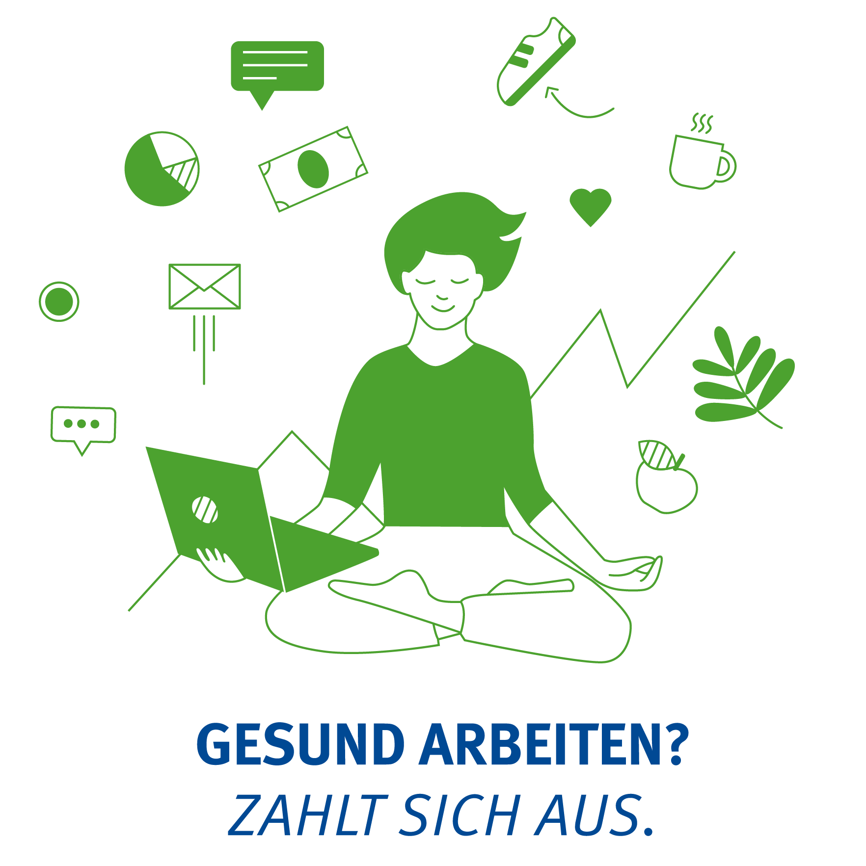 Illustration: Eine Frau sitzt lächelnd im Schneidersitz. Sie hat einen Laptop in der Hand. Um sie herum schweben verschiedene Gegenstände.