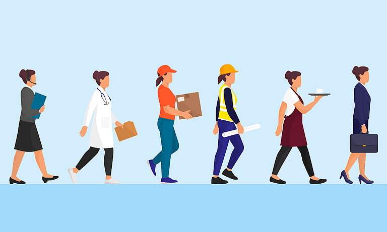 Illustration: Auf hellblauen Hintergrund laufen 6 Menschen. Jeder Mensch hat eine andere Arbeitskleidung. Zum Beispiel ist eine Ärztin oder eine Kellnerin zu sehen.   