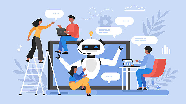Es ist eine Illustration von einem Computer zu sehen. In der Mitte des Bildschirms ist ein Roboter abgebildet, um den Bildschirm herum sind vier Menschen zu sehen, die damit arbeiten. Der Hintergrund ist blau. 