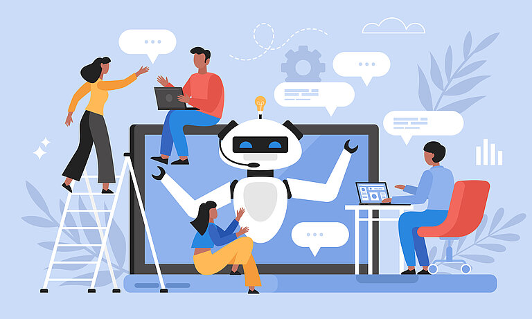Es ist eine Illustration von einem Computer zu sehen. In der Mitte des Bildschirms ist ein Roboter abgebildet, um den Bildschirm herum sind vier Menschen zu sehen, die damit arbeiten. Der Hintergrund ist blau. 