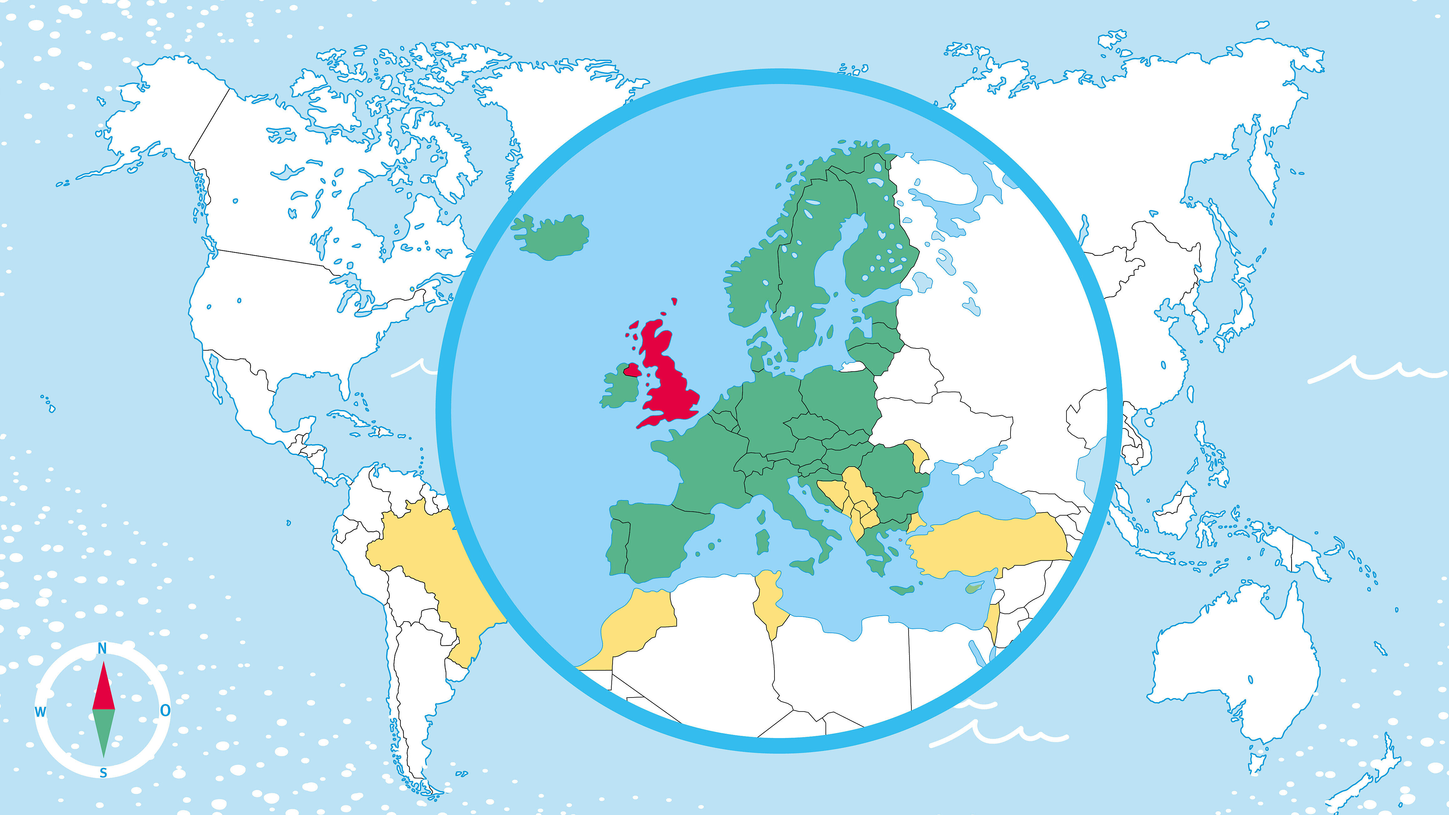 Illustration: Zu sehen ist eine Weltkarte auf hellblauem Hintergrund. In der Mitte sieht man eine kreisförmige Lupenansicht auf Europa. Einige Länder sind grün, gelb oder rot eingefärbt. Unten links ist noch ein Kompass abgebildet.