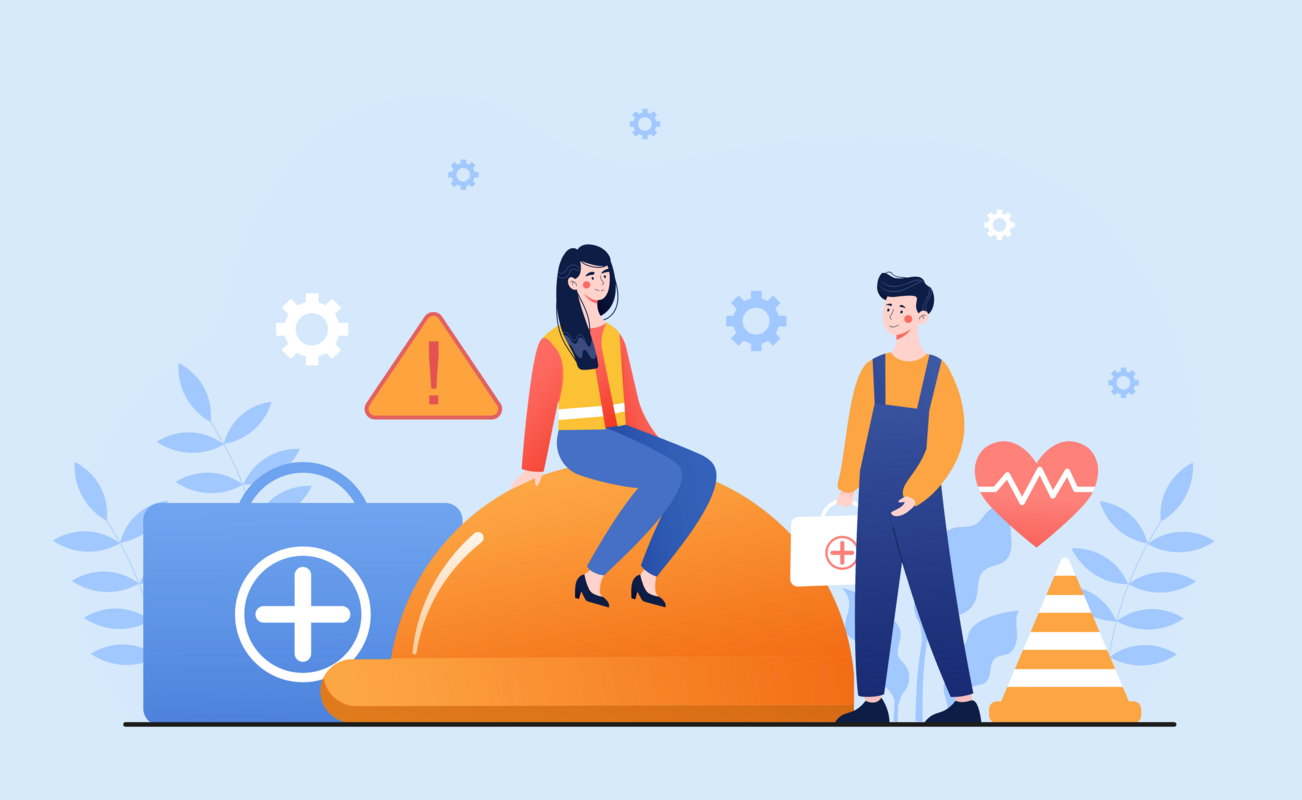 Eine Illustration, die Arbeitssicherheit und Gesundheitsschutz darstellt. Eine Frau in Arbeitskleidung (rote Jacke, gelbe Warnweste und Helm) sitzt auf einem großen, orangefarbenen Bauhelm. Ein Mann in blauer Latzhose steht rechts von ihr und hält einen weißen Erste-Hilfe-Kasten. Im Hintergrund sind auf hellblauem Grund verschiedene Symbole und Elemente platziert: ein blau-weißer Erste-Hilfe-Koffer (links), ein oranges Warndreieck mit Ausrufezeichen, Zahnräder, ein rotes Herz mit EKG-Linie und ein orange-weißer Verkehrskegel. Die Figuren stehen zwischen stilisierten Pflanzen.