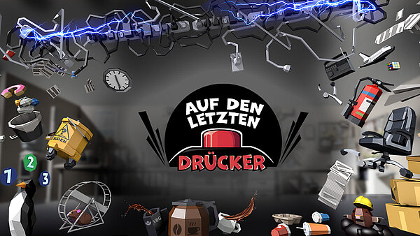 3D-Illustration: Diverse Bürogegenstände fliegen durch die Gegend. In der Bildmitte sind 