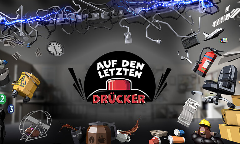 3D-Illustration: Diverse Bürogegenstände fliegen durch die Gegend. In der Bildmitte sind 