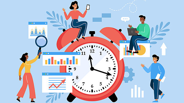 Illustration: Auf hellblauen Hintergrund ist ein großer, roter Wecker zu sehen. Zwei Männer und zwei Frauen stehen bzw. sitzen um den Wecker herum. Es sind auch verschiedene Diagramme und Grafiken zu sehen.