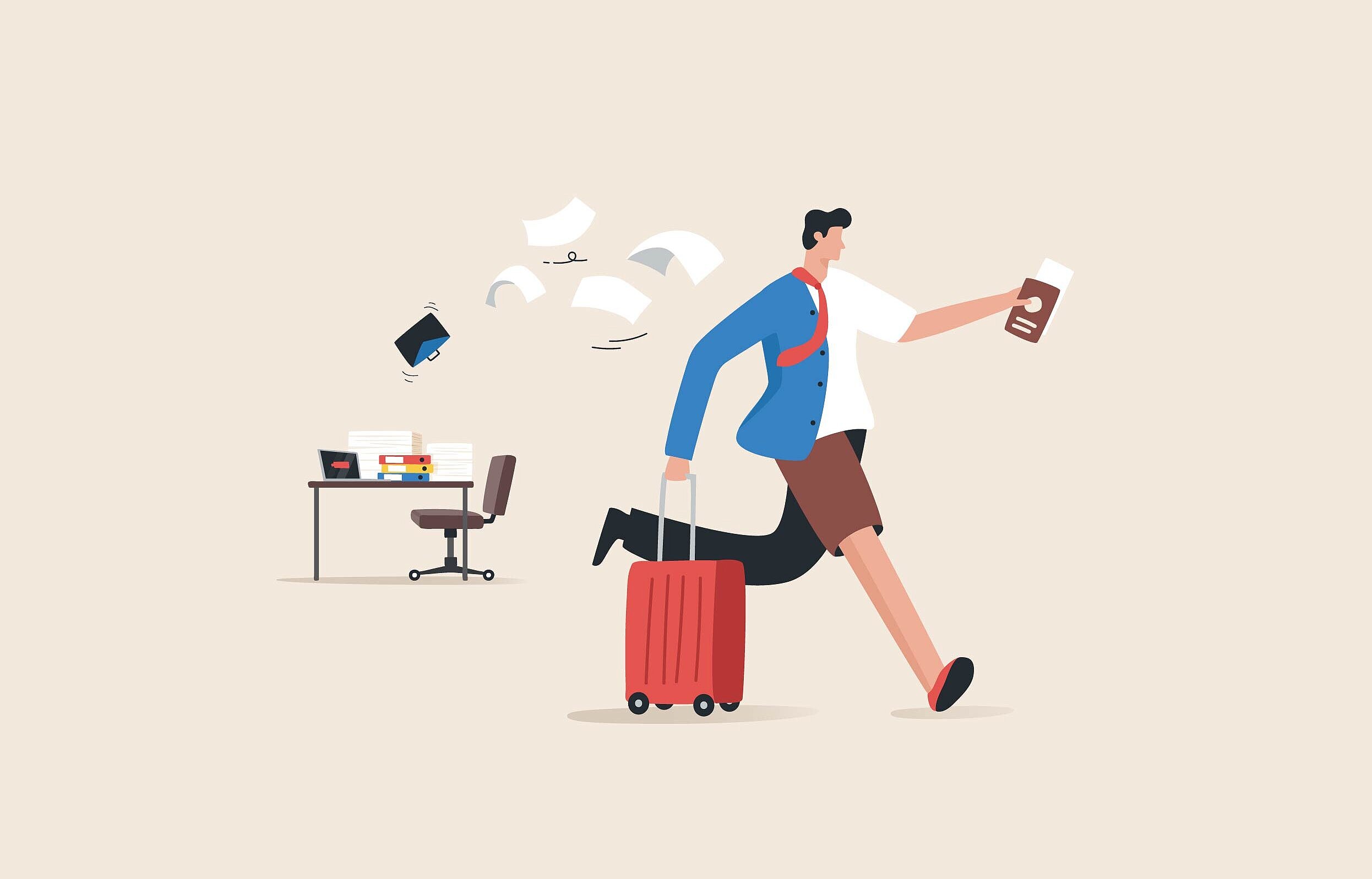 Illustration: Auf beigen Hintergrund steht ein Schreibtisch auf dem viele Bücher und ein Laptop zu sehen sind. Im Vordergrund sieht man einen Mann, der einen roten Rollkoffer in der Hand hat. In der anderen Hand sieht man seinen Pass. Er läuft von dem Schreibtisch weg.