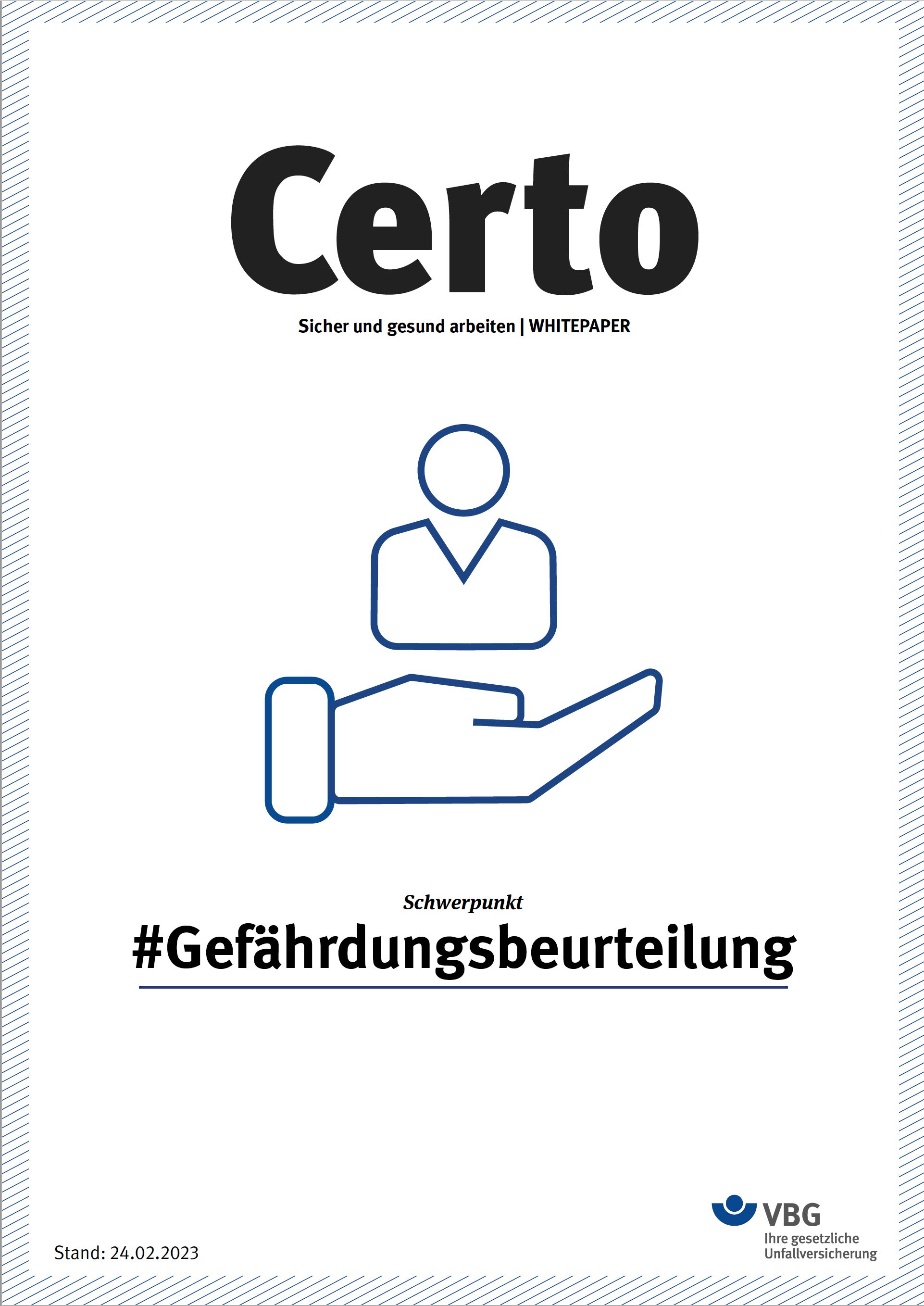 Illustration: Cover des Whitepapers #Gefährdungsbeurteilung. Zu sehen sind die Schriftzüge "Certo" und "#Gefährdungsbeurteilung". In der Mitte des Cover ist ein Piktogramm zu sehen: Ein Mensch schwebt über einer aufgehaltenen Hand.