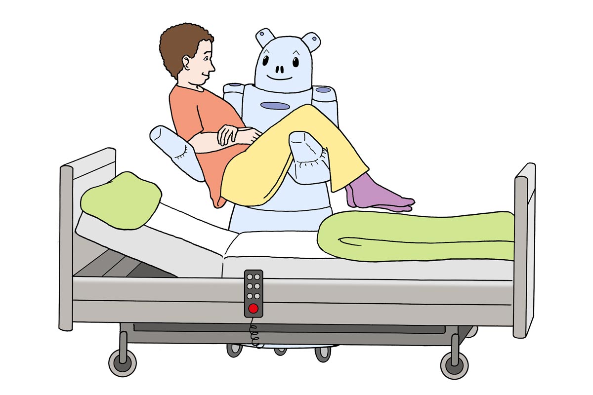 Roboter hebt Patienten in ein Bett