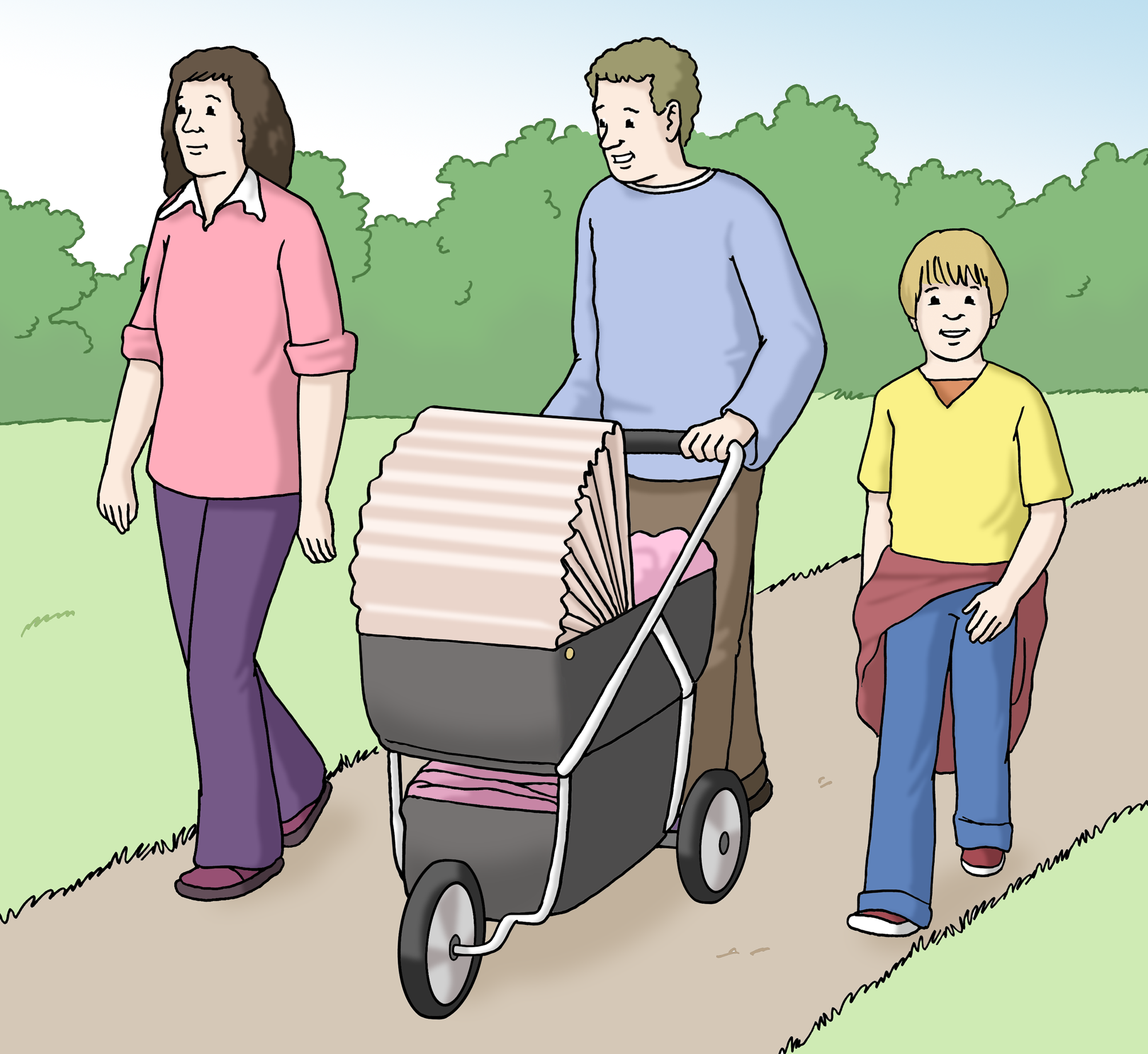 Familie spaziert mit Kinderwagen