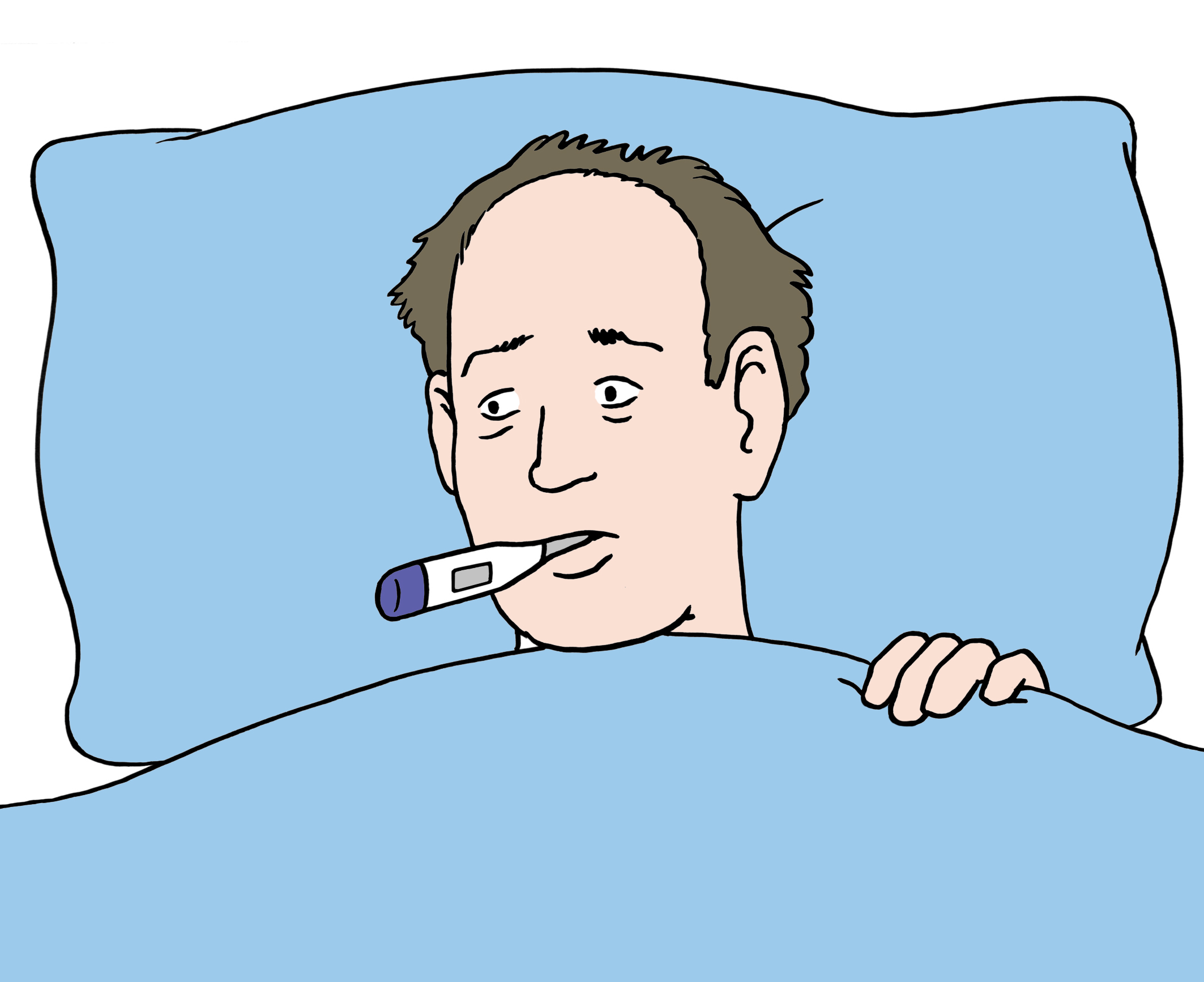 Mann liegt krank im Bett und misst Fieber