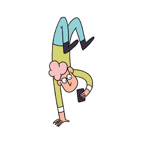 Ein Mann bedient sein Smartphone im Handstand