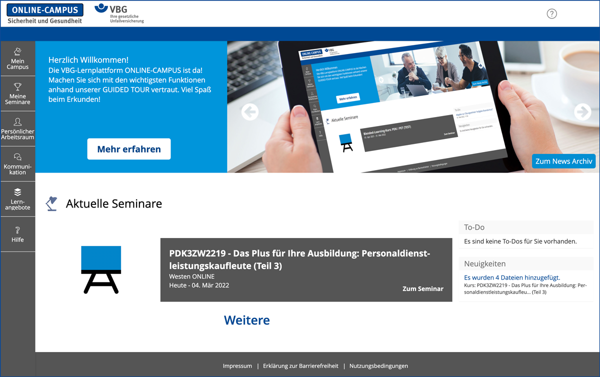 Das Dashboard des ONLINE-CAMPUS: So werden die VBG-Seminarteilnehmenden, die die Lernplattform nutzen, empfangen.