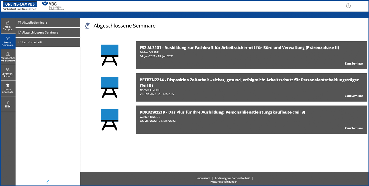 Alles fürs Seminar – und danach: Unter „Meine Seminare“ sind diverse Arbeitsmaterialien und weiterführende Links zum jeweiligen Seminar aufgeführt und bis zu drei Jahre lang abrufbar.