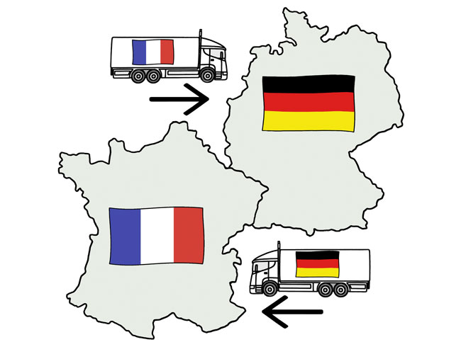Deutschland- und Frankreichkarte und LKWs, die diese Länder beliefern