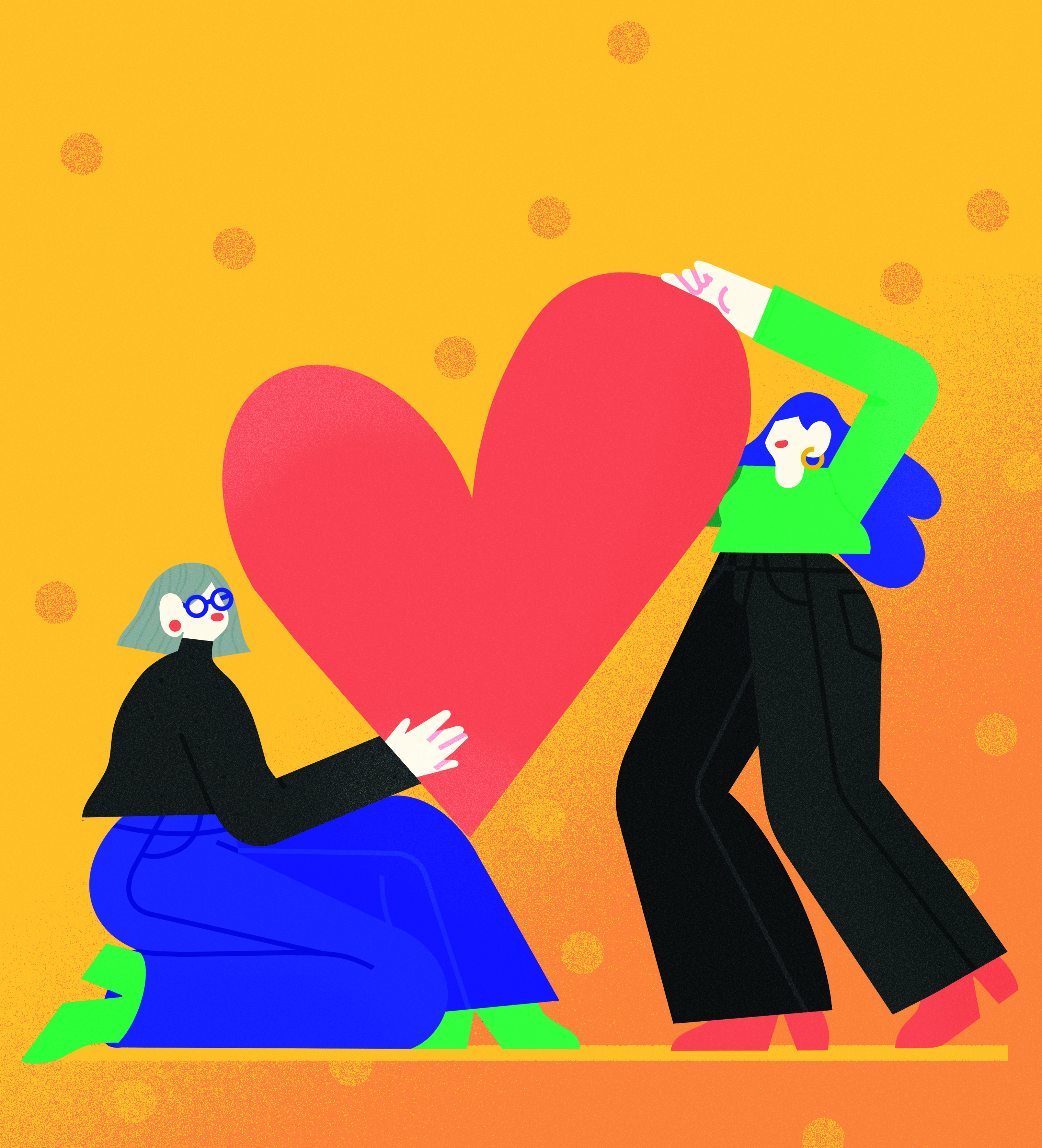 Illustration: Zwei Frauen halten ein Herz, das wächst.