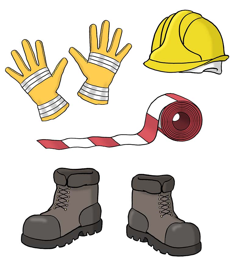 Dinge für die Arbeitssicherheit: Handschuhe, Schutzhelm, Absperrband, Schuhe