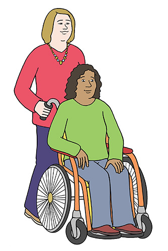 Ehrenamtliche schiebt Frau im Rollstuhl