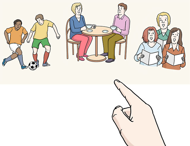 Eine Hand zeigt auf verschiedene Illustrationen von Alltagssituationen