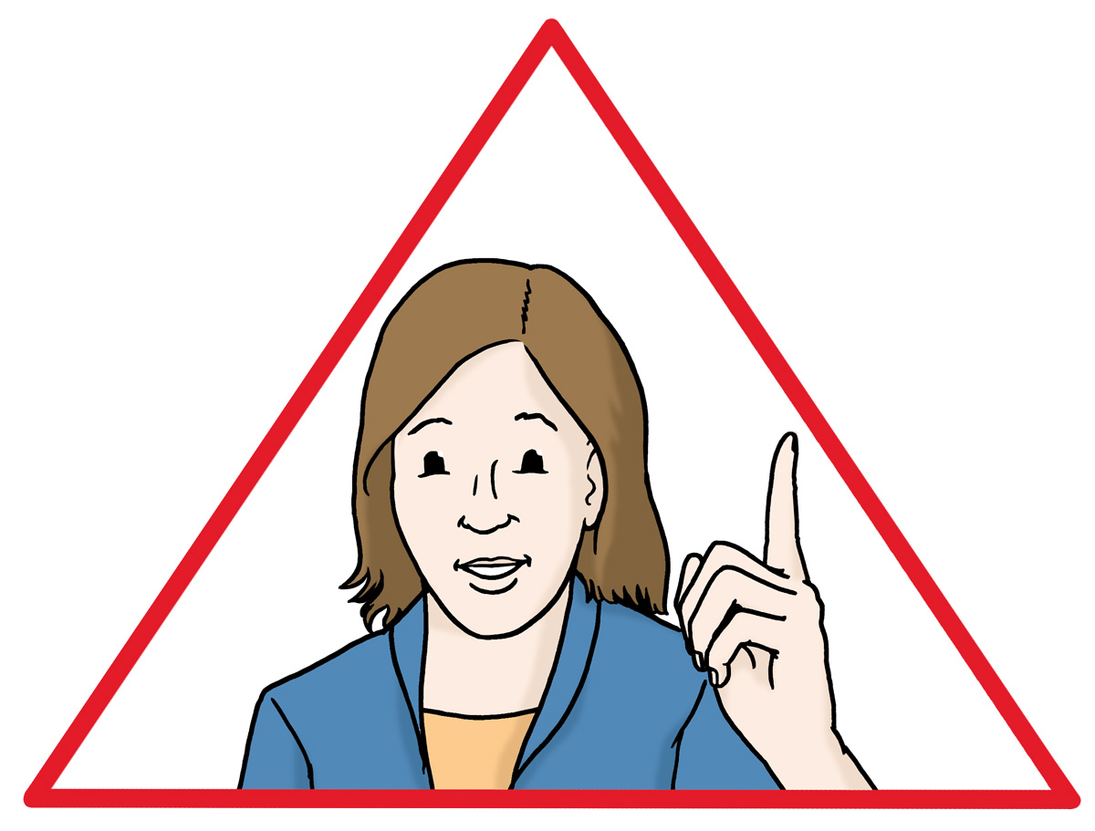 Eine Frau in einem roten Warndreieck.
