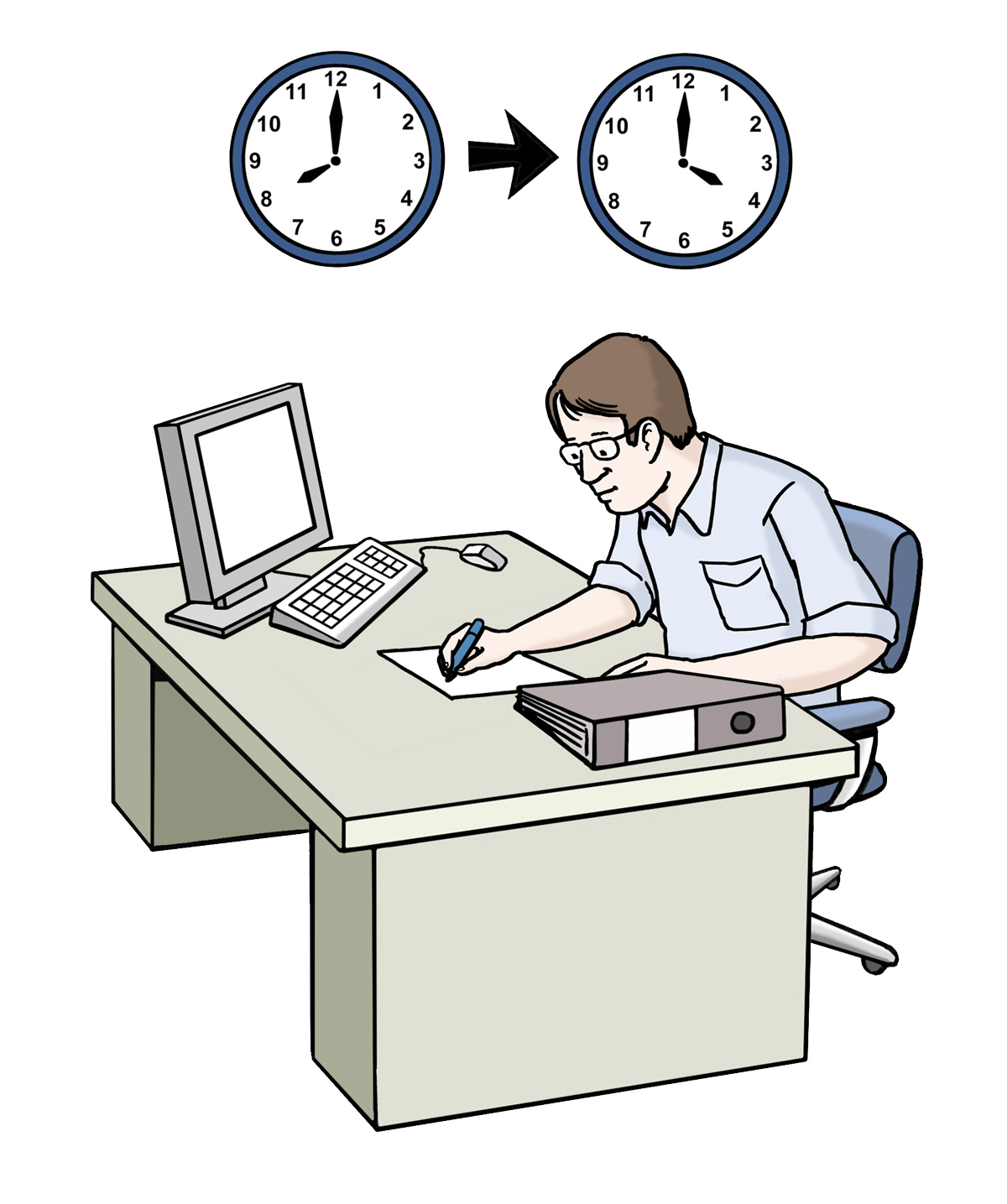 Ein Mann an einem Arbeitsplatz mit einer Uhr.