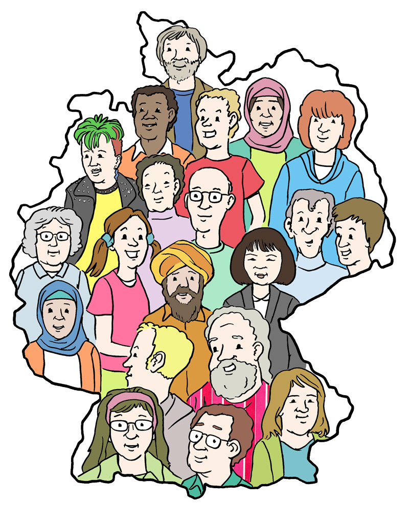 Eine bunte Menschengruppe.