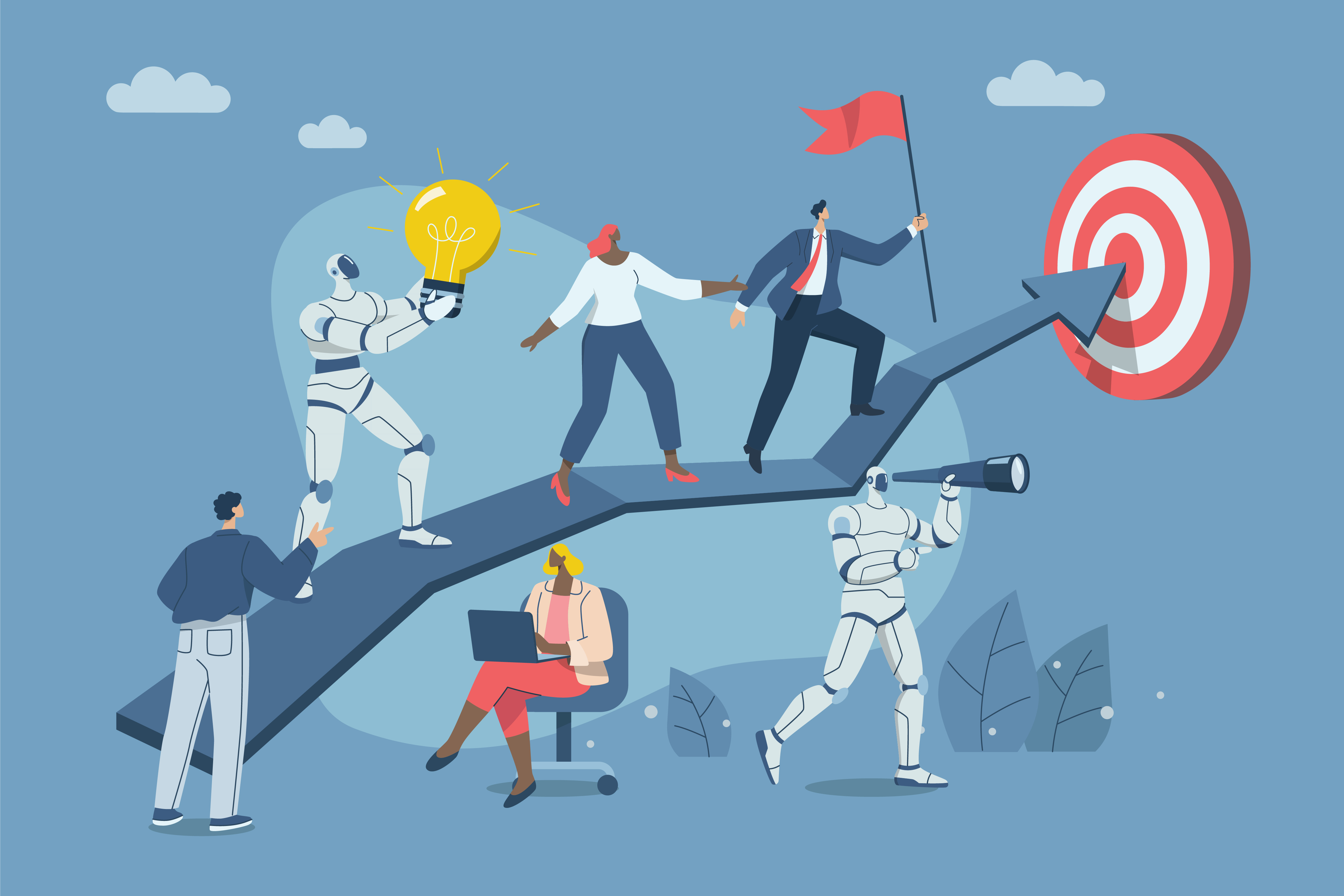  Eine Illustration zeigt Menschen und Roboter, die auf einem Pfeil in Richtung einer Zielscheibe gehen. Einer der Roboter hält eine Glühbirne, während ein Mensch mit einem Laptop sitzt. Ein Mann hält eine rote Fahne, und ein Roboter schaut durch ein Fernrohr. Der Hintergrund ist blau mit Wolken und Pflanzen.