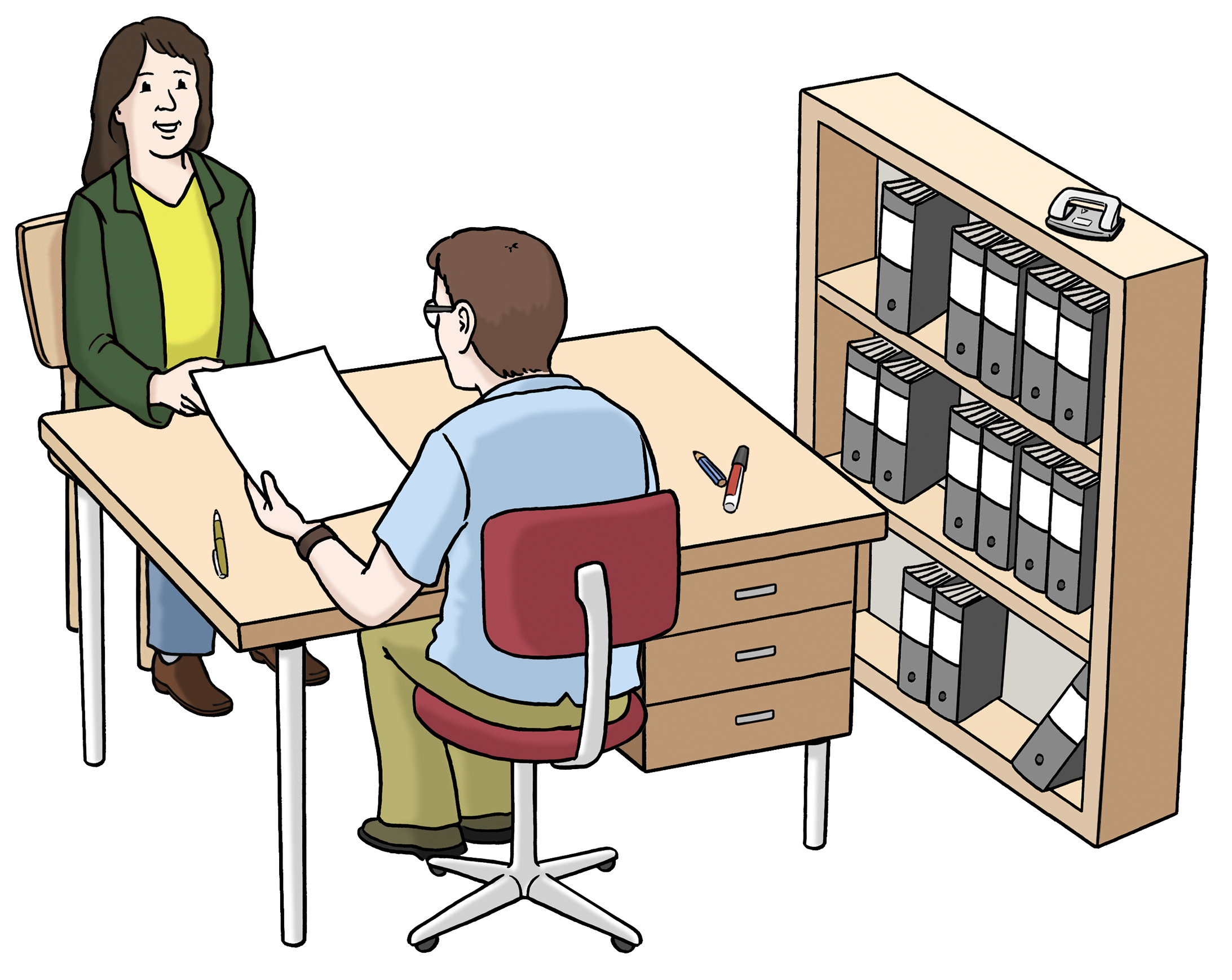 Zwei Personen sitzen sich in einem Büro an einem Schreibtisch gegenüber.  