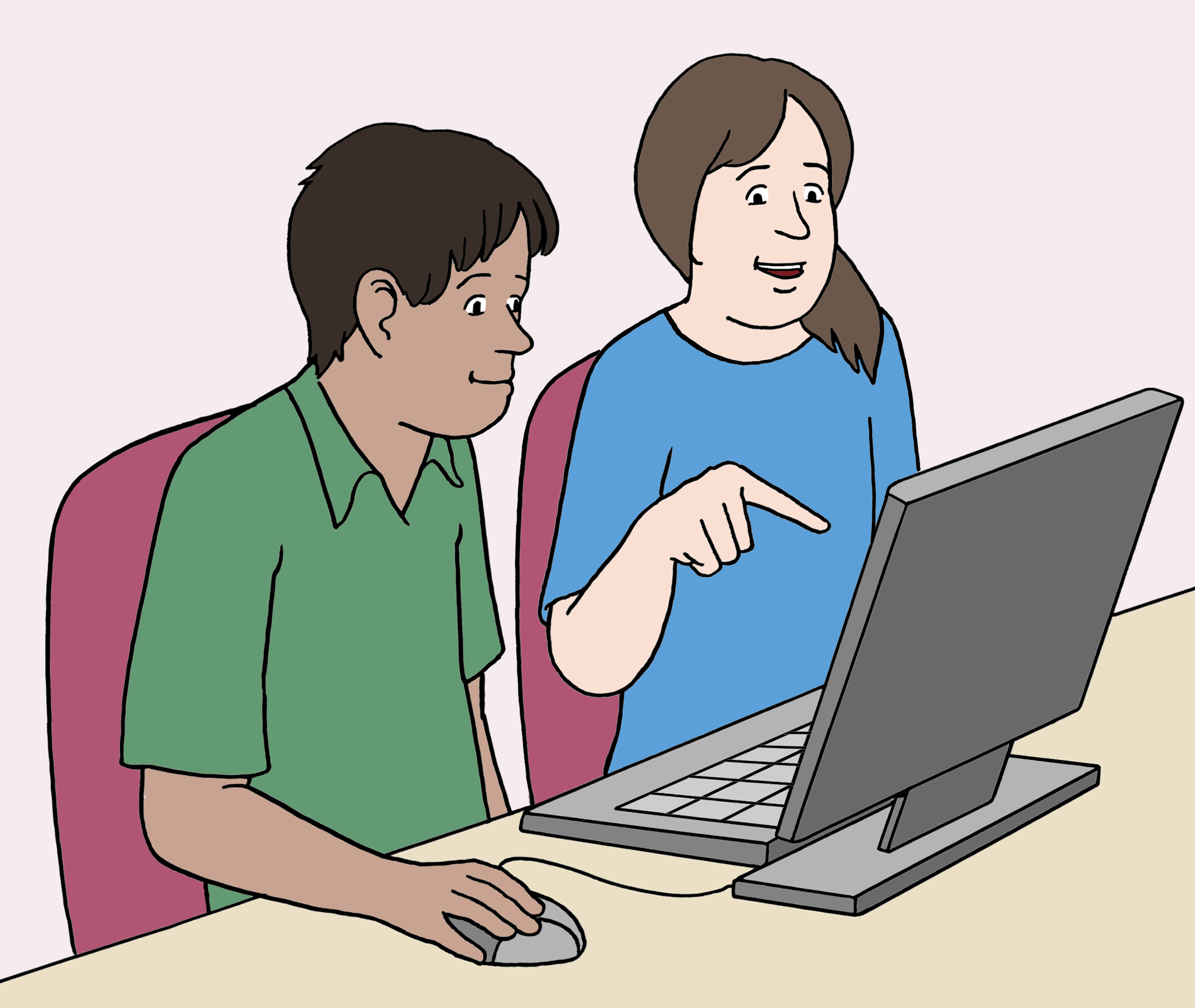 Zwei Personen vor einem Computer. 