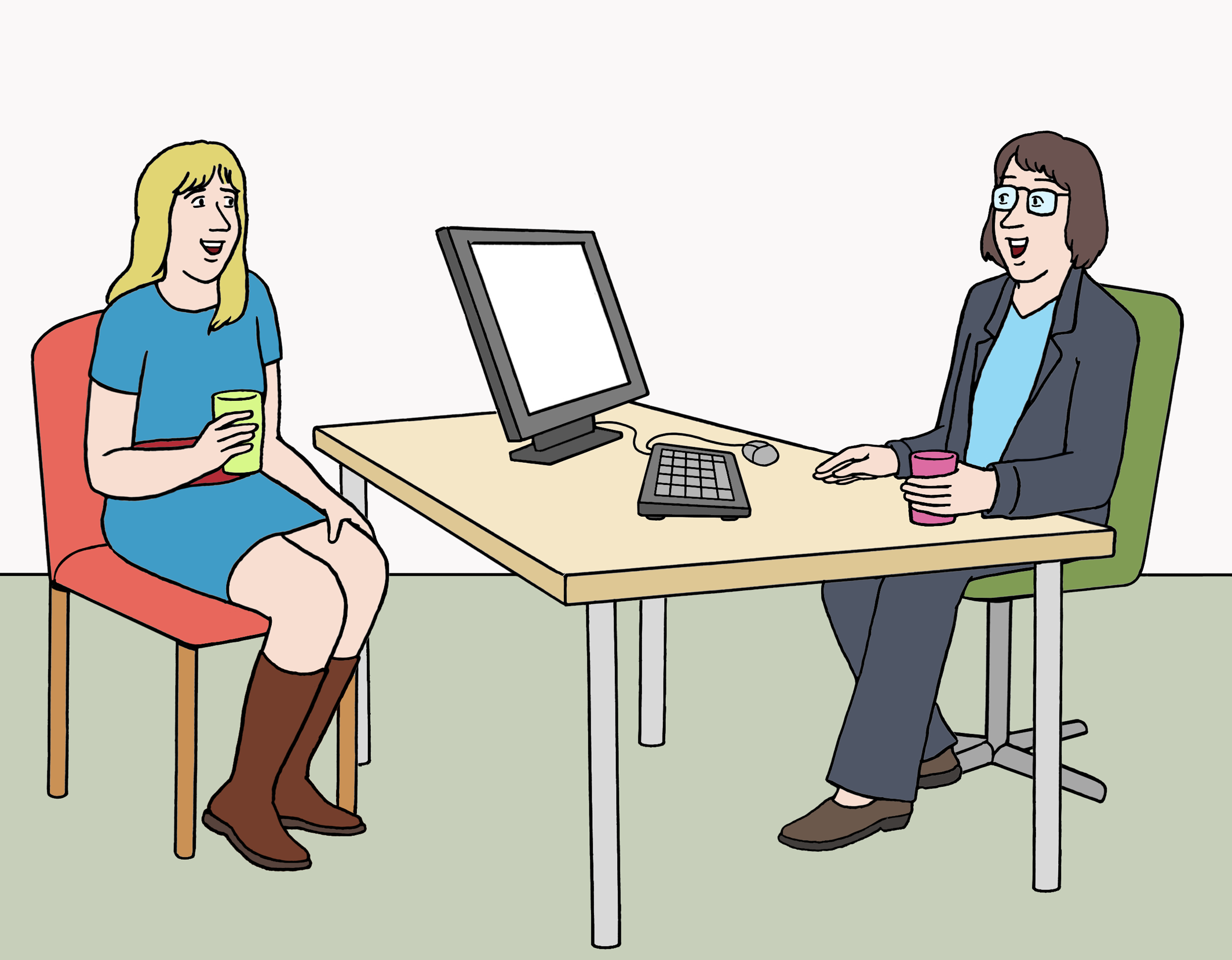 Zwei Frauen sitzen sich in einem Büro gegenüber. 