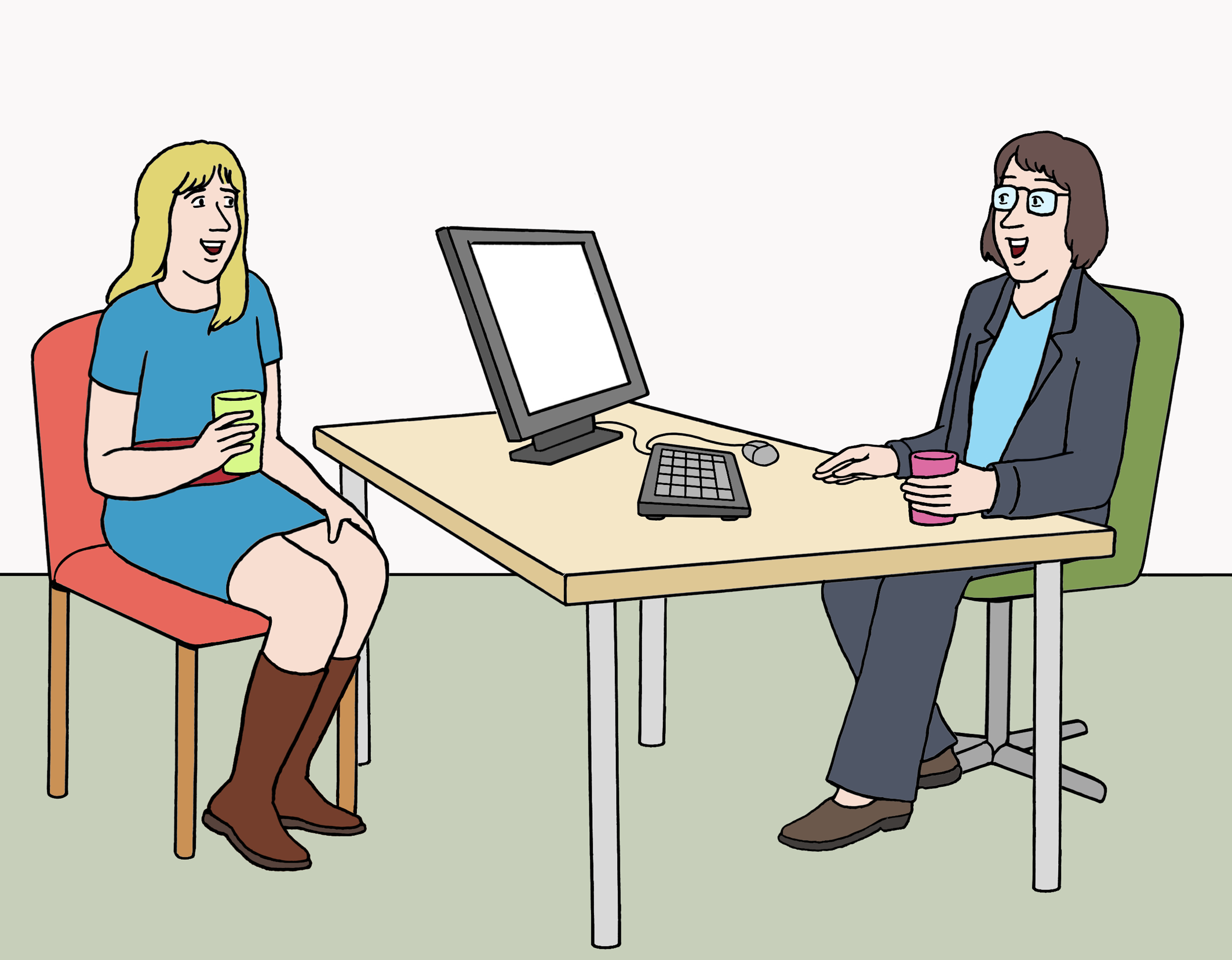 Zwei Frauen sitzen sich in einem Büro gegenüber.