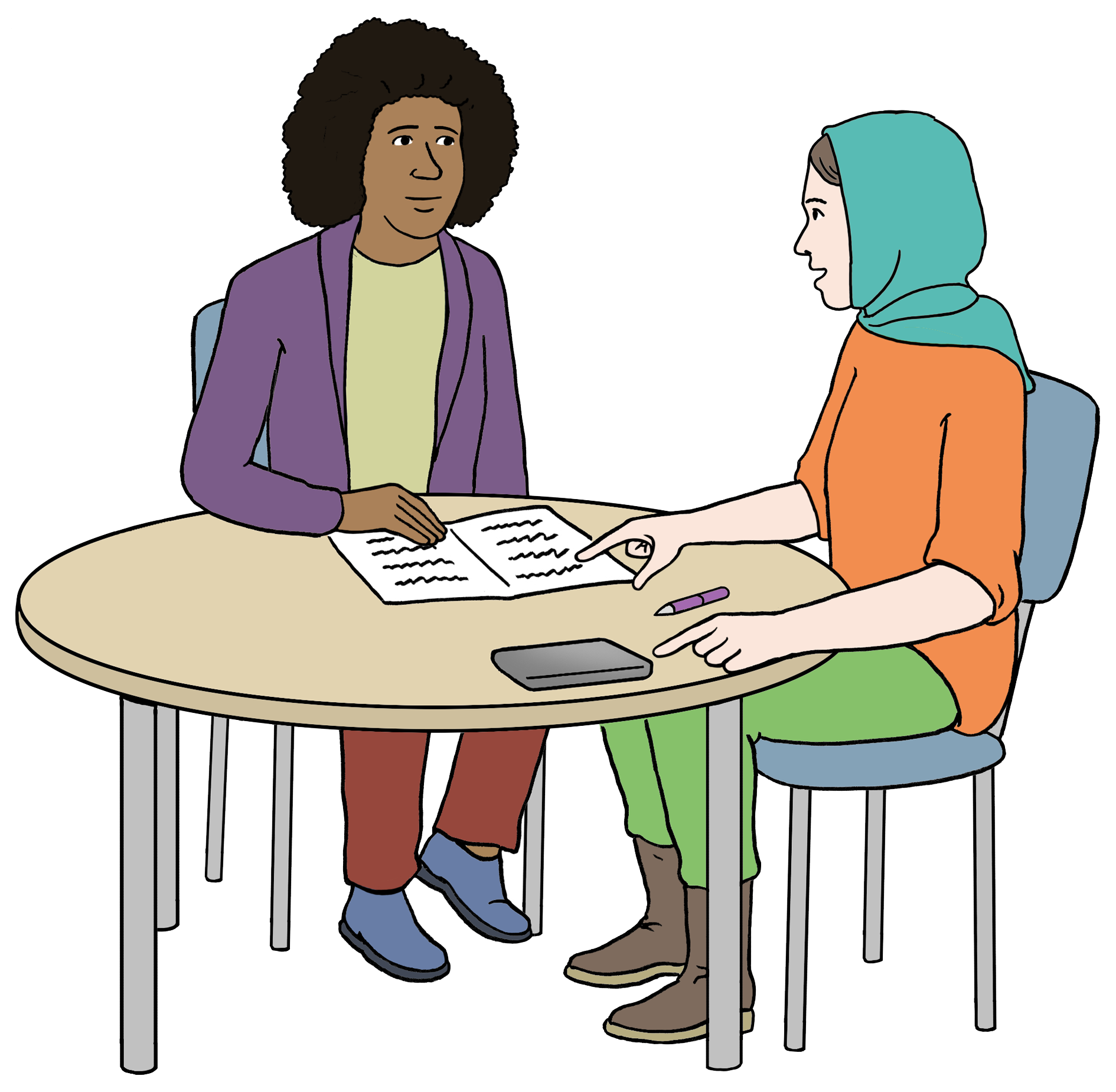 Illustration von zwei Frauen an einem runden Tisch.