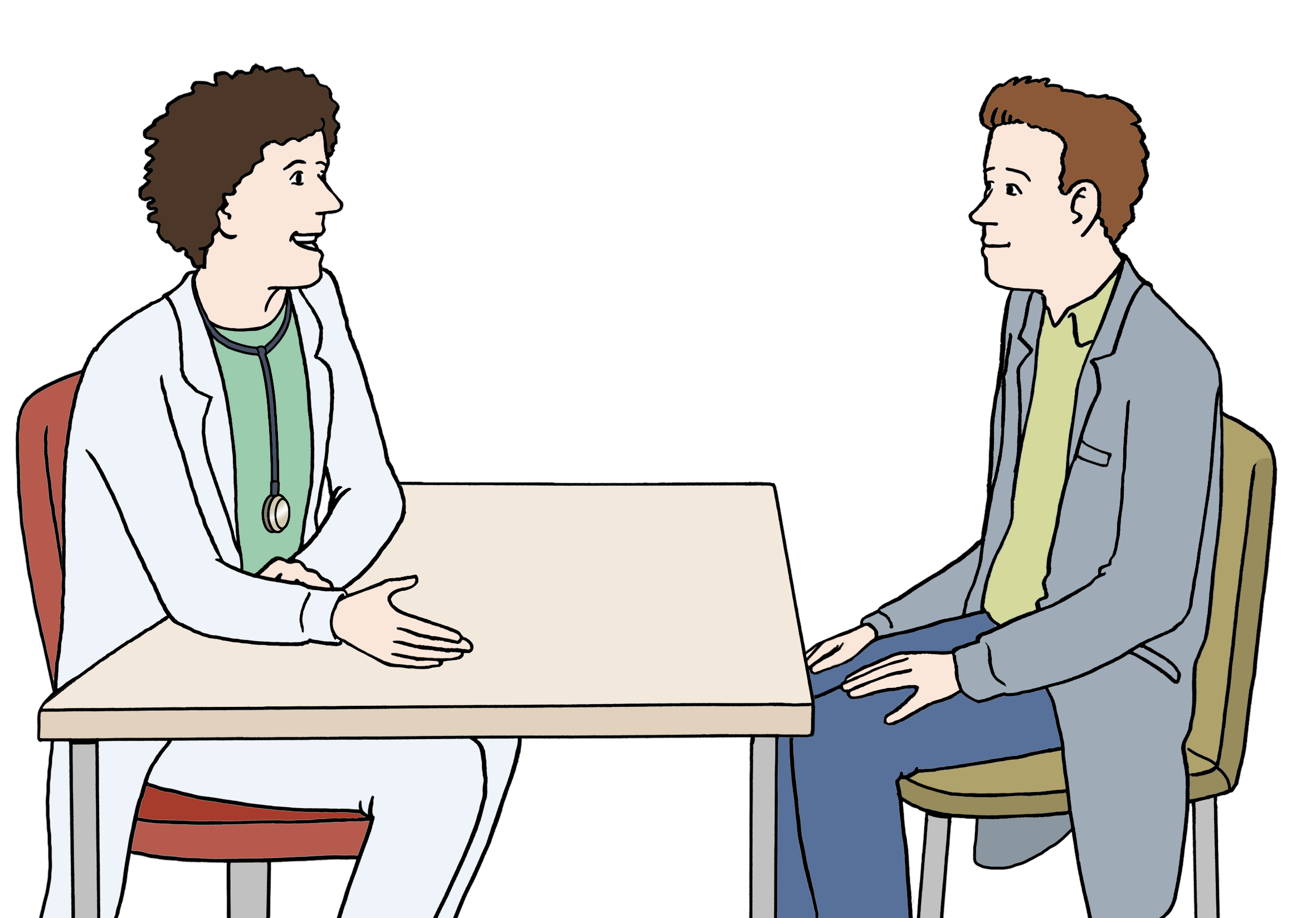 Illustration: Eine Person sitzt am Tische einem Durchgangsarzt gegenüber. Der Arzt spricht, die Person hört zu.